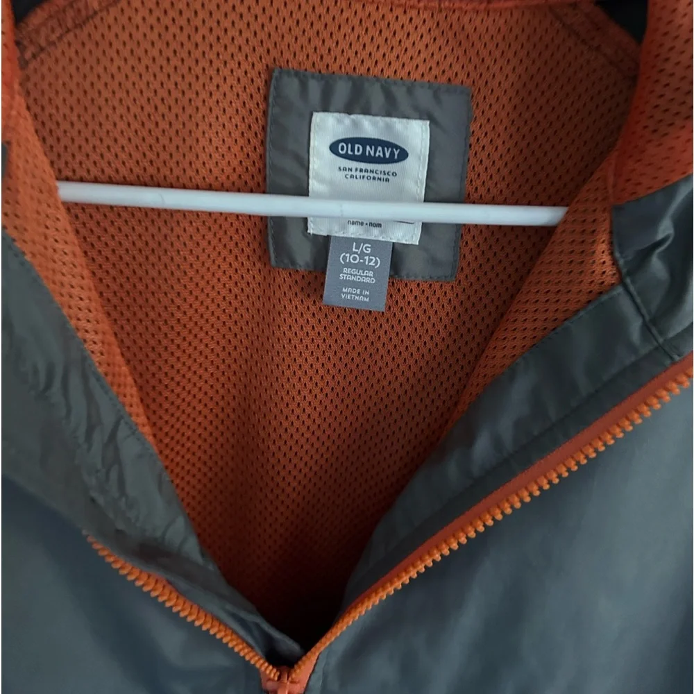 ✨2/$28✨ Old Navy Gray, Orange & Blue Striped Windbreaker Jacket•L